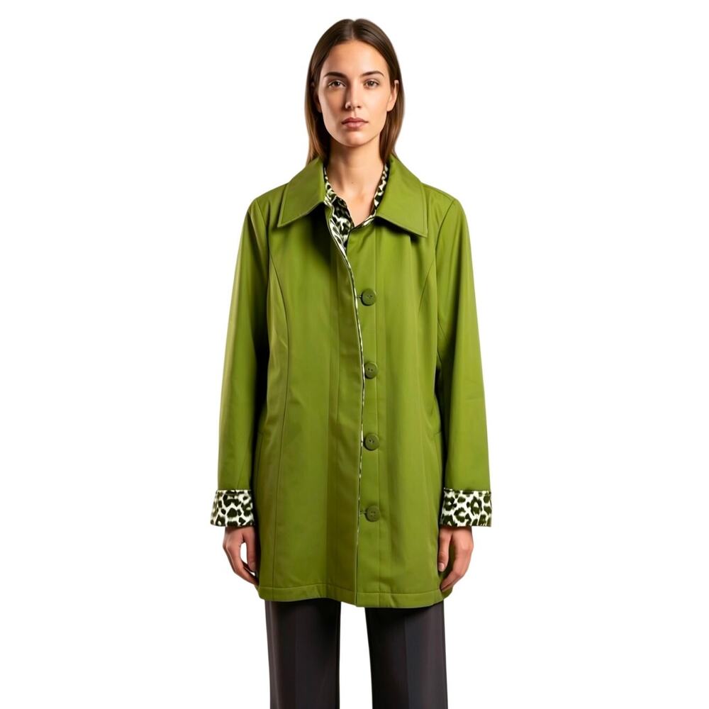 Dennis Basso QVC Reversible Green/Leopard Print Trench Coat, size Medium